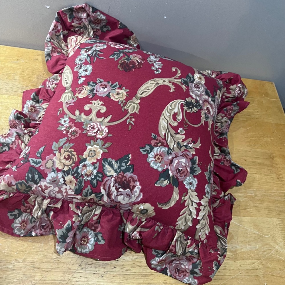 Vtg Ralph Lauren Danielle Marseille Burgundy Floral Ruffled Throw Pillow 20x20 - Picture 2 of 8